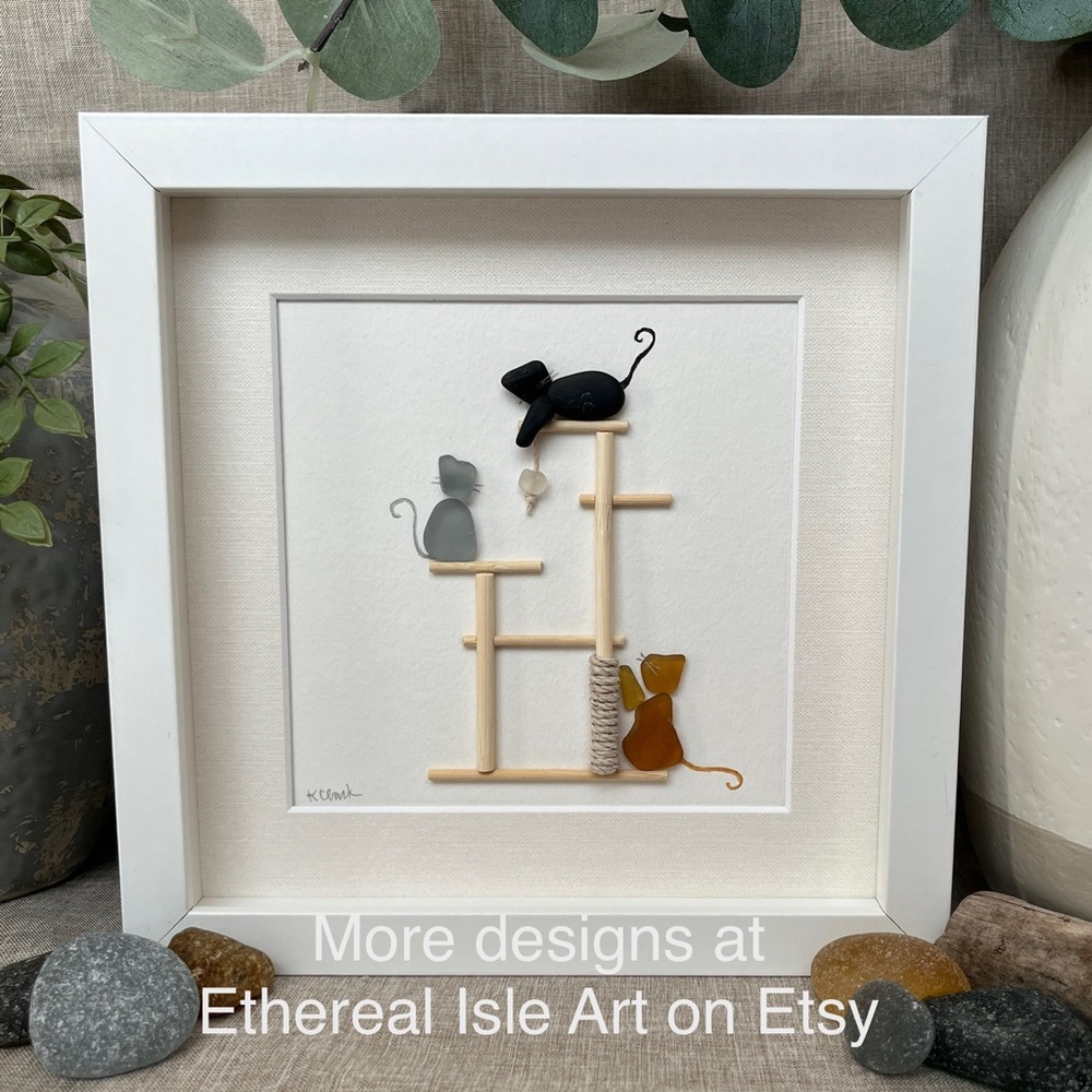 Purrfect Playground ~ Framed Sea Glass Cat Tower Art ~ Genuine Sea Glass